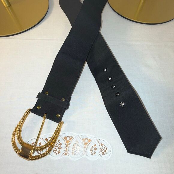 Vintage 80s Black Wide Waist Belt with Gold Braided Buckle | Statement Cinch Bel - Picture 2 of 9